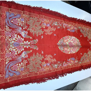 Vintage Chinese Fenghuang Phoenix Embroidered Red Silk Fringed Table Runner